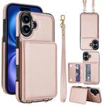 For iPhone 16 Crossbody Dual-buckle Wallet RFID Back Leather Phone Case(Rose Gold)
