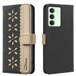 For Realme 14X 5G Splicing Color Hollow Flower Pattern RFID Leather Phone Case(Black)
