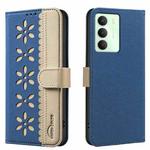 For Realme 14X 5G Splicing Color Hollow Flower Pattern RFID Leather Phone Case(Dark Blue)