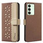 For Realme 14X 5G Splicing Color Hollow Flower Pattern RFID Leather Phone Case(Brown)