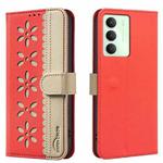 For Realme 14X 5G Splicing Color Hollow Flower Pattern RFID Leather Phone Case(Red)