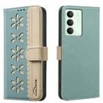 For Realme 14X 5G Splicing Color Hollow Flower Pattern RFID Leather Phone Case(Green)