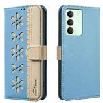 For Realme 14X 5G Splicing Color Hollow Flower Pattern RFID Leather Phone Case(Baby Blue)