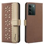For Realme C71 4G Global Splicing Color Hollow Flower Pattern RFID Leather Phone Case(Brown)
