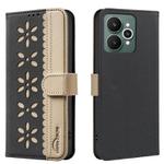 For Realme 15 5G Splicing Color Hollow Flower Pattern RFID Leather Phone Case(Black)