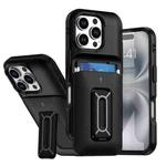 For iPhone 16 Pro Sliding Card Holder Integrated Phone Case with Kickstand(Black)