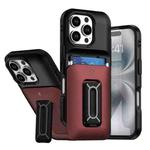 For iPhone 16 Pro Sliding Card Holder Integrated Phone Case with Kickstand(Black Red)