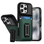 For iPhone 16 Pro Sliding Card Holder Integrated Phone Case with Kickstand(Black Green)