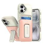 For iPhone 16 Plus Sliding Card Holder Integrated Phone Case with Kickstand(Beige Pink)