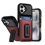 For iPhone 16 Plus Sliding Card Holder Integrated Phone Case with Kickstand(Black Red)