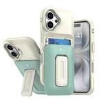 For iPhone 16 Sliding Card Holder Integrated Phone Case with Kickstand(Beige Green)