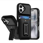 For iPhone 16 Sliding Card Holder Integrated Phone Case with Kickstand(Black)