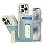 For iPhone 15 Pro Sliding Card Holder Integrated Phone Case with Kickstand(Beige Green)