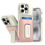 For iPhone 15 Pro Sliding Card Holder Integrated Phone Case with Kickstand(Beige Pink)