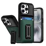 For iPhone 15 Pro Sliding Card Holder Integrated Phone Case with Kickstand(Black Green)