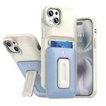 For iPhone 15 Plus / 14 Plus Sliding Card Holder Integrated Phone Case with Kickstand(Beige Blue)