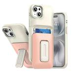 For iPhone 15 Plus / 14 Plus Sliding Card Holder Integrated Phone Case with Kickstand(Beige Pink)