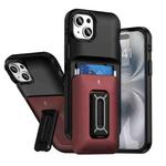 For iPhone 15 Plus / 14 Plus Sliding Card Holder Integrated Phone Case with Kickstand(Black Red)