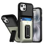 For iPhone 15 Plus / 14 Plus Sliding Card Holder Integrated Phone Case with Kickstand(Black Gold)