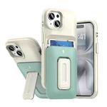 For iPhone 15 Sliding Card Holder Integrated Phone Case with Kickstand(Beige Green)