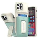 For iPhone 12 / 12 Pro Sliding Card Holder Integrated Phone Case with Kickstand(Beige Green)