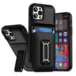 For iPhone 12 / 12 Pro Sliding Card Holder Integrated Phone Case with Kickstand(Black)