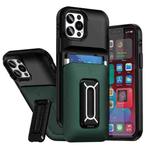 For iPhone 12 / 12 Pro Sliding Card Holder Integrated Phone Case with Kickstand(Black Green)