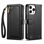 For iPhone 15 Pro ESEBLE E11 Colorful Litchi Pattern Zipper Wallet Leather Phone Case(Black)