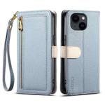 For iPhone 15 ESEBLE E11 Colorful Litchi Pattern Zipper Wallet Leather Phone Case(Sky Blue)