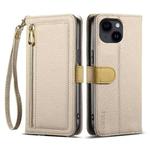 For iPhone 14 / 13 ESEBLE E11 Colorful Litchi Pattern Zipper Wallet Leather Phone Case(Khaki)