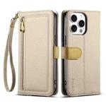 For iPhone 14 Pro Max ESEBLE E11 Colorful Litchi Pattern Zipper Wallet Leather Phone Case(Khaki)