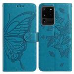 For Samsung Galaxy S20 Ultra Butterfly Flutter Pattern Embossed Leather Phone Case(Blue)