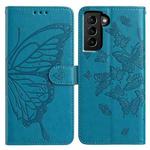 For Samsung Galaxy S21 FE 5G Butterfly Flutter Pattern Embossed Leather Phone Case(Blue)