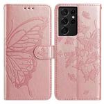 For Samsung Galaxy S21 Ultra 5G Butterfly Flutter Pattern Embossed Leather Phone Case(Rose Gold)