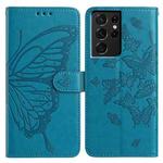 For Samsung Galaxy S21 Ultra 5G Butterfly Flutter Pattern Embossed Leather Phone Case(Blue)