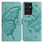 For Samsung Galaxy S21 Ultra 5G Butterfly Flutter Pattern Embossed Leather Phone Case(Green)