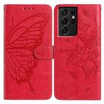For Samsung Galaxy S21 Ultra 5G Butterfly Flutter Pattern Embossed Leather Phone Case(Red)