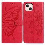 For iPhone 13 mini Butterfly Flutter Pattern Embossed Leather Phone Case(Red)