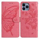 For iPhone 13 Pro Butterfly Flutter Pattern Embossed Leather Phone Case(Rose Red)