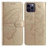 For iPhone 14 Pro Max Butterfly Flutter Pattern Embossed Leather Phone Case(Gold)