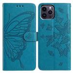 For iPhone 14 Pro Max Butterfly Flutter Pattern Embossed Leather Phone Case(Blue)