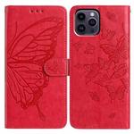 For iPhone 14 Pro Max Butterfly Flutter Pattern Embossed Leather Phone Case(Red)