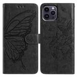 For iPhone 14 Pro Max Butterfly Flutter Pattern Embossed Leather Phone Case(Black)