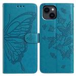For iPhone 14 Butterfly Flutter Pattern Embossed Leather Phone Case(Blue)
