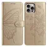 For iPhone 15 Pro Butterfly Flutter Pattern Embossed Leather Phone Case(Gold)