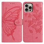 For iPhone 15 Pro Butterfly Flutter Pattern Embossed Leather Phone Case(Rose Red)