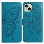 For iPhone 15 Plus Butterfly Flutter Pattern Embossed Leather Phone Case(Blue)