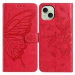 For iPhone 15 Plus Butterfly Flutter Pattern Embossed Leather Phone Case(Red)