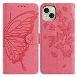 For iPhone 15 Plus Butterfly Flutter Pattern Embossed Leather Phone Case(Rose Red)