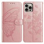 For iPhone 15 Pro Max Butterfly Flutter Pattern Embossed Leather Phone Case(Rose Gold)